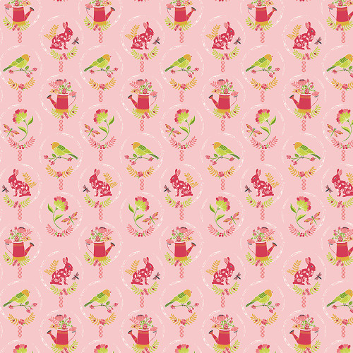 Riley Blake Fabrics Awakening Spring Charms Bunnies Watering Cans Flowers Pink