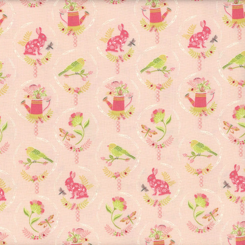 Riley Blake Fabrics Awakening Spring Charms Bunnies Watering Cans Flowers Pink