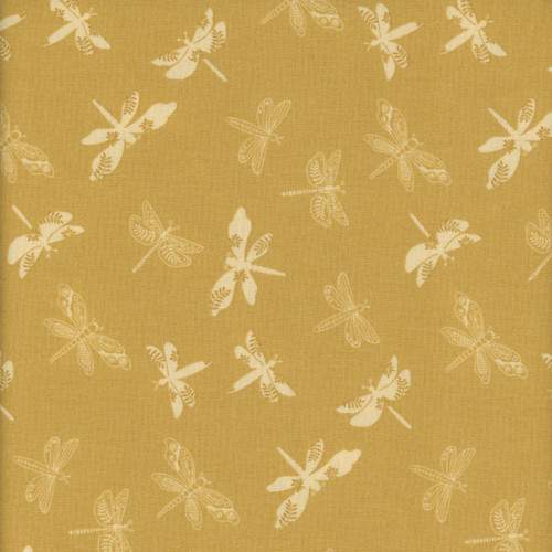 Riley Blake Fabrics Awakening Libellulas Dragonflies Gold, fabric with a golden background and white dragonfly patterns.