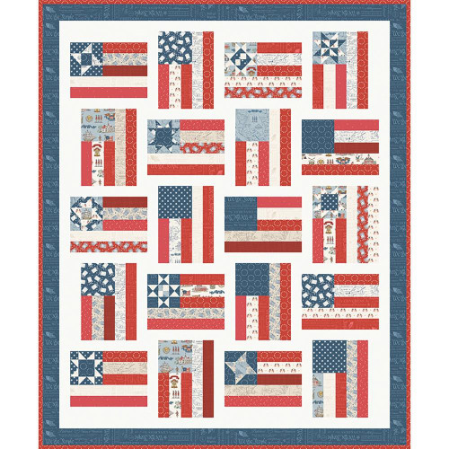 Riley Blake Fabrics Pattern Amy Smart Fly the Flag Quilt Pattern, a patriotic quilt featuring various American flag designs with red, white, and blue colors and star accents.