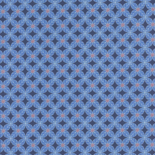 Riley Blake Fabrics Awakening Petals Tile Trellis Blue, a fabric with an intricate blue floral tile pattern featuring red accents on a dark background.