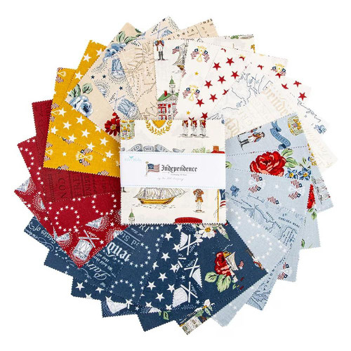 Riley Blake Fabrics Independence Charm Pack 5 Inch Stacker, collection of colorful patriotic fabric squares with stars, flags, and vintage Independence Day motifs.