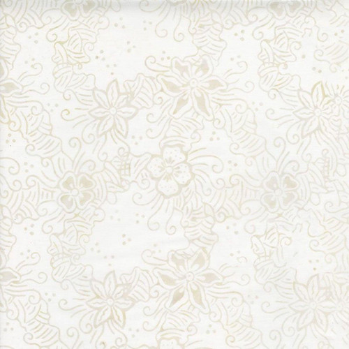 Timeless Treasures Fabrics Linen Cream Tonga Batiks Magnolia Floral, a cream-colored fabric featuring an elegant floral pattern with magnolia flowers and swirling vine details in a subtle, tone-on-tone design.