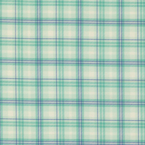 Moda Fabrics Cannon Beach Crystal Manning Aqua Blue Beach Shirt Plaid, close-up of aqua blue and green plaid fabric pattern.
