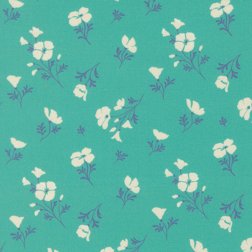 Moda Fabrics Cannon Beach Crystal Manning Turquoise Blue Astoria Florals, a vibrant turquoise fabric with white and purple floral pattern.