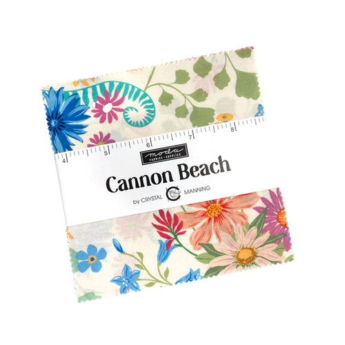 Moda Fabrics Cannon Beach Crystal Manning Charm Pack Five Inch Squares, floral fabric with colorful flowers and green leaves, store label attached.