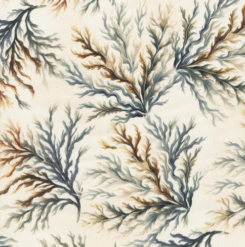 Benartex Fabrics Coastal Escape Nicole DeCamp Coral 108 Inch Wide Quilt Back Neutral Cream, fabric with a leaf pattern in shades of brown, beige, and gray on a cream background.