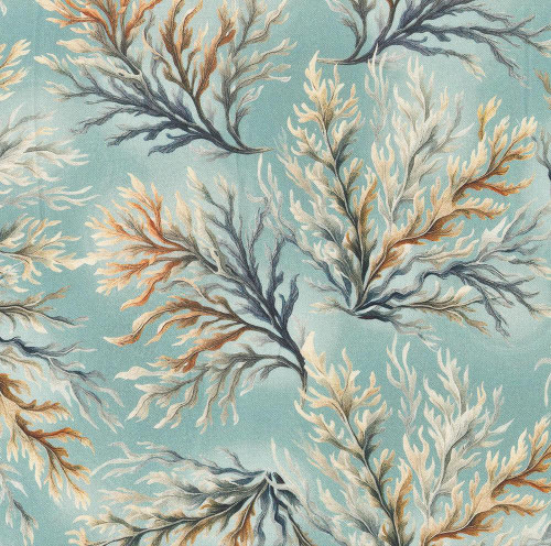 Benartex Fabrics Coastal Escape Nicole DeCamp Coral 108 Inch Wide Quilt Back Ocean Blue, ocean-inspired fabric with coral reef pattern in shades of blue, white, and tan.