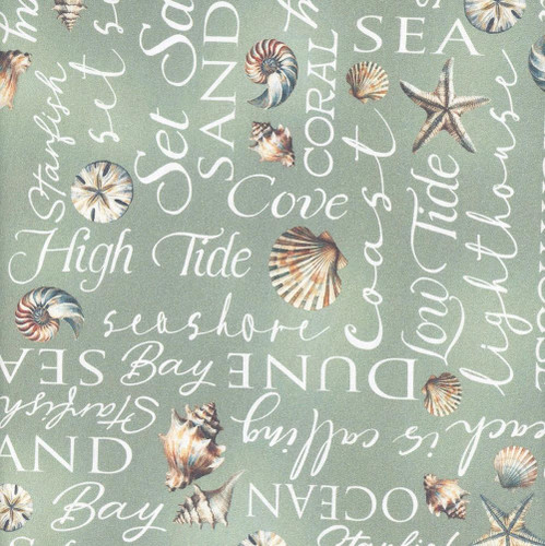 Benartex Fabrics Coastal Escape Nicole DeCamp Coastal Words Sage Green, fabric with seashell and starfish pattern and coastal-themed words in white on sage green background.