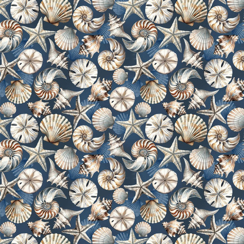 Benartex Fabrics Coastal Escape  Nicole DeCamp Coastal Shells Dark Blue
