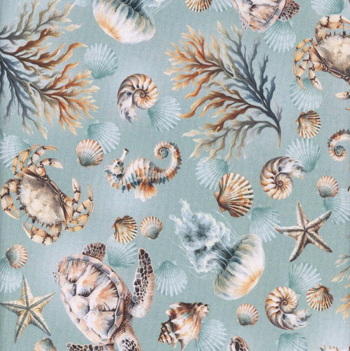 Benartex Fabrics Coastal Escape Nicole DeCamp Marine Life Ocean Blue, fabric with detailed marine life illustrations of seashells, starfish, and crustaceans on a light blue background.