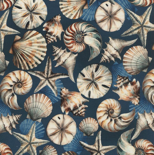 Benartex Fabrics Coastal Escape Nicole DeCamp Seashell Serenade 108 Inch Wide Quilt Back Blue, intricate seashell and starfish pattern on deep blue background.