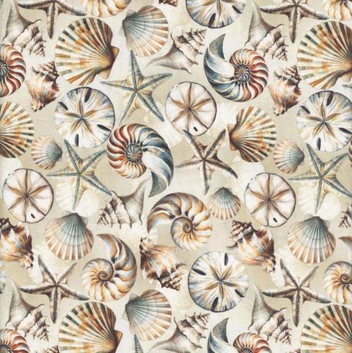 Benartex Fabrics Coastal Escape Nicole DeCamp Coastal Shells Neutral Cream, fabric with a beach-themed pattern of seashells and starfish in neutral and cream tones.