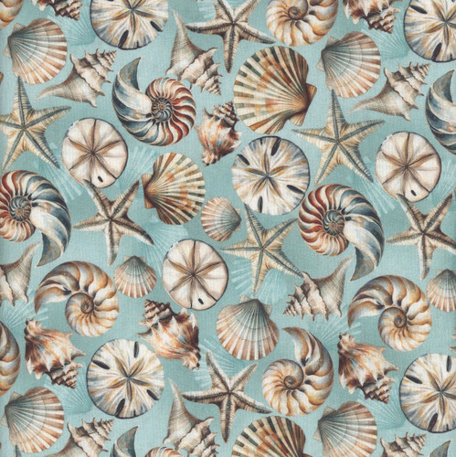 Benartex Fabrics Coastal Escape  Nicole DeCamp Coastal Shells Ocean Blue Blue
