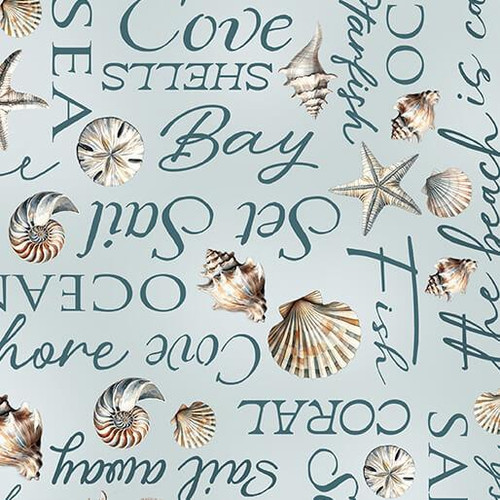Benartex Fabrics Coastal Escape Nicole DeCamp Coastal Words Ocean Blue, fabric with a light blue background featuring seashells and phrase words like 'Sea', 'Beach', 'Shore', and 'Cove' in a stylish script font.