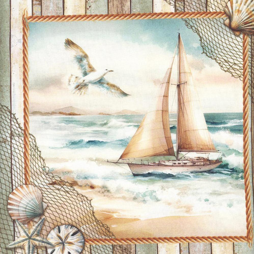 Benartex Fabrics Coastal Escape Nicole DeCamp Coastal Escape Panel Neutral Cream, nautical beach scene with sailboat, seagull, seashells, starfish, and fishing net decor.