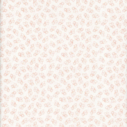 Benartex Fabrics Montgomery Mountain Charm Belle Brunner Flutter By White Peach, fabric with a delicate pattern of light peach butterflies on a white background.