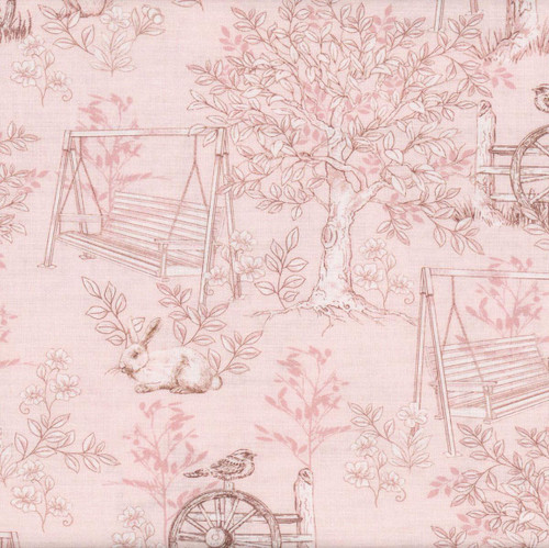 Benartex Fabrics Montgomery Mountain Charm Belle Brunner Belle Toile Coraline Pink, fabric with a soft pink background featuring detailed line drawings of a tree, rabbits, birds, garden swings, and floral elements in darker pink and brown shades.