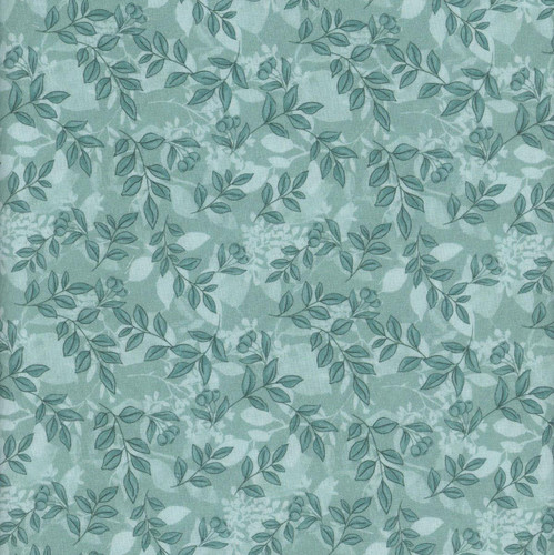 Benartex Fabrics Montgomery Mountain Charm Belle Brunner Mountain Foliage Teal Blue, a fabric with a teal blue background featuring a subtle pattern of mountain foliage and leaves.