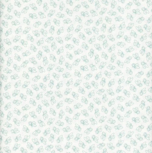 Benartex Fabrics Montgomery Mountain Charm Belle Brunner Flutter By White Teal Blue, white fabric with a pattern of delicate teal blue butterflies.