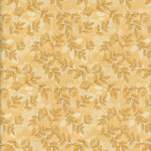 Benartex Fabrics Montgomery Mountain Charm Belle Brunner Mountain Foliage Maize Yellow, fabric with a yellow background and a pattern of brown leaves and small berries.