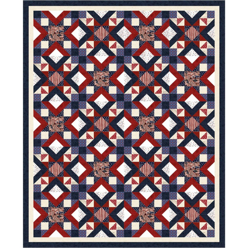 Timeless Treasures Path to Freedom Threads of Independence Quilt Kit, finished patriotic quilt featuring red, white, and blue stars and geometric patterns.