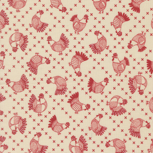 Moda Fabrics The Henhouse Gingiber Cloud Cream Red Cross Stitch Chickens