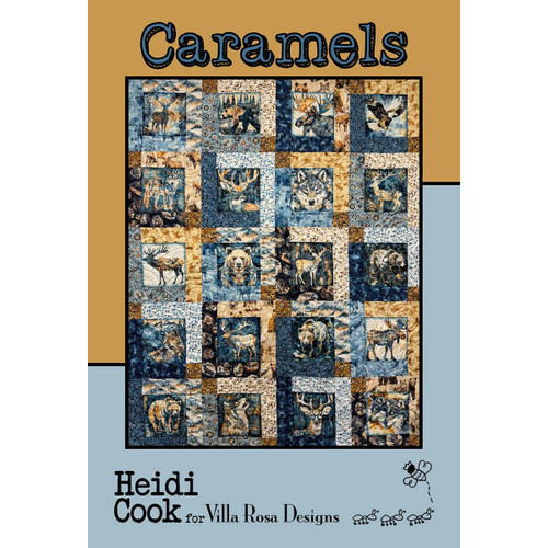 Villa Rosa Designs Caramels Quilt Pattern, detailed image of a quilt with woodland animal motifs including bears, wolves, deer, and elk, in shades of blue, beige, and brown.