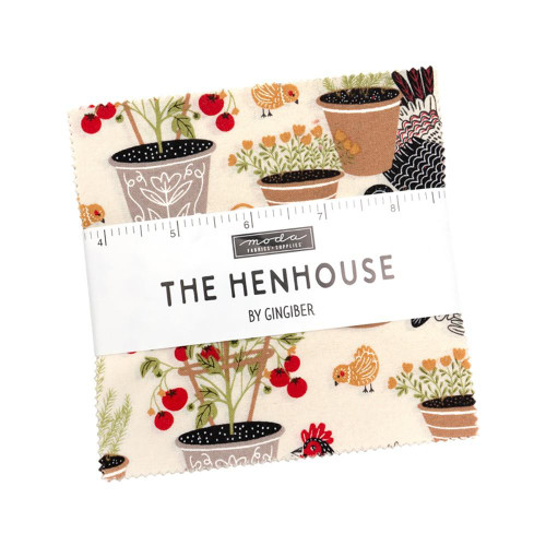 Moda Fabrics The Henhouse Gingiber 5 Inch Squares Charm Squares, printed fabric with gardening-themed illustrations of potted plants, chickens, and floral designs.