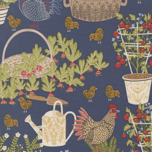 Moda Fabrics The Henhouse Gingiber Denim Blue Chicken Garden