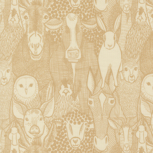 Moda Fabrics The Henhouse Gingiber Hay Yellow Barnyard Faces Toile