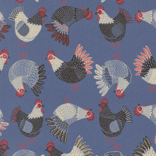 Moda Fabrics The Henhouse Gingiber Cobalt Blue Tossed Chickens