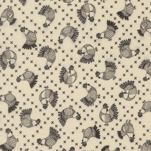 Moda Fabrics The Henhouse Gingiber Cloud Cream Iron Grey Cross Stitch Chickens