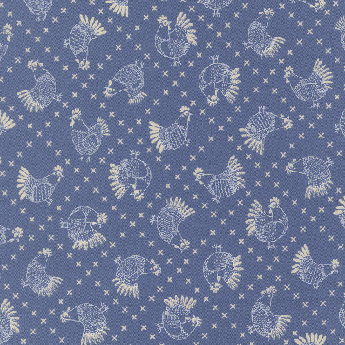 Moda Fabrics The Henhouse Gingiber Cobalt Blue Cross Stitch Chickens