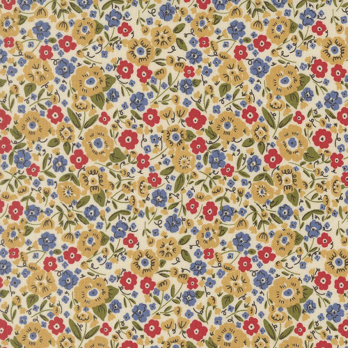 Moda Fabrics The Henhouse Gingiber Tomato Red Calico Floral, fabric with a dense pattern of red, blue, and yellow flowers with green leaves on a cream background.