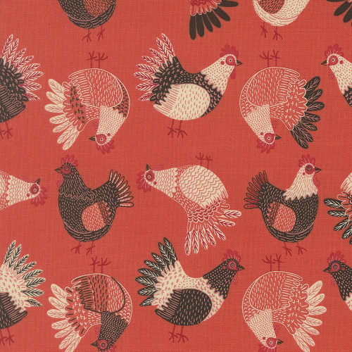 Moda Fabrics The Henhouse Gingiber Tomato Red Tossed Chickens, a fabric pattern featuring various stylized chickens in white and black on a red background.