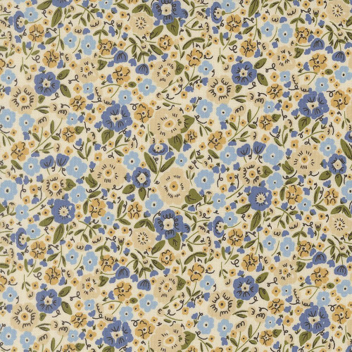 Moda Fabrics The Henhouse Gingiber Cloud Cream Calico Floral, fabric with a floral pattern featuring blue, yellow, and cream-colored flowers with green leaves on a white background.