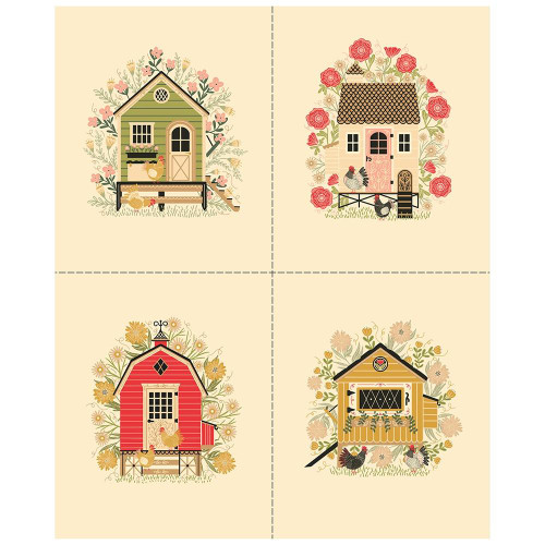 Moda Fabrics The Henhouse Gingiber Cloud Cream The Henhouse Panel, colorful illustrations of different chicken coops with chickens and floral backgrounds.