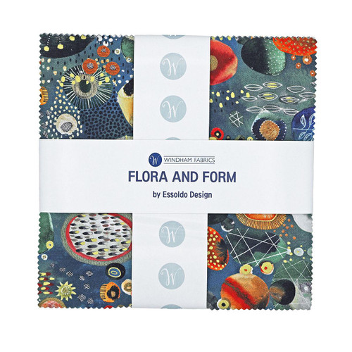 Windham Fabrics Flora & Form Essoldo Design Layer Cake Ten Inch Squares, fabric bundle with colorful, abstract floral and geometric patterns.