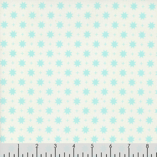 Blank Quilting Fabrics The Bright Side Jessica Dayon White Eight Point Star and Check, light blue and white quilt fabric with star and checkered pattern.