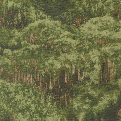 Moda Fabrics Wild Blue Yonder Moda Foliage Landscape Nature Forest Dark Green, fabric print depicting a lush green forest landscape with trees and foliage.