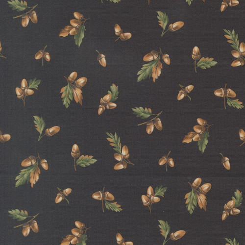 Moda Fabrics Wild Blue Yonder Moda Acorn Landscape Nature Black fabric, featuring a pattern of acorns and leaves on a black background for quilting or fashion projects.
