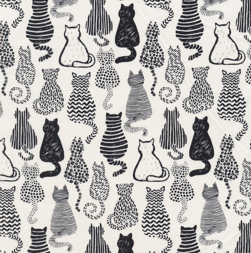 In The Beginning Fabrics Sketchbook Prints by Jason Yenter White Cats, fabric featuring black and white illustrations of various sitting cats with different fur patterns on a light background.