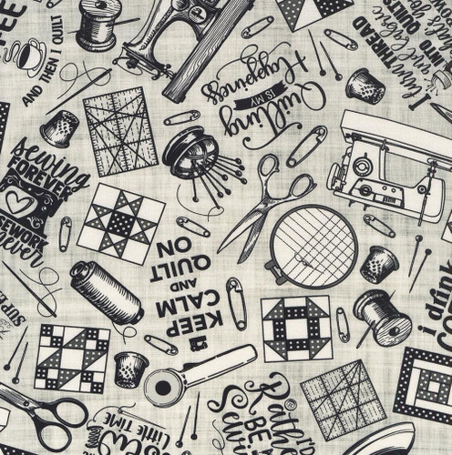 In The Beginning Fabrics Sketchbook Prints by Jason Yenter Taupe Grey Sewing, fabric print featuring sewing-related illustrations and phrases in black on a taupe grey background.