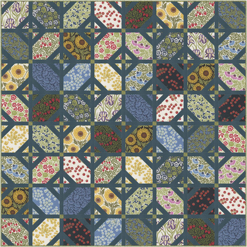 Moda Fabrics Garden Series Fanciful Floor Quilt Kit, colorful quilt with floral and nature-inspired patterns in a grid layout.