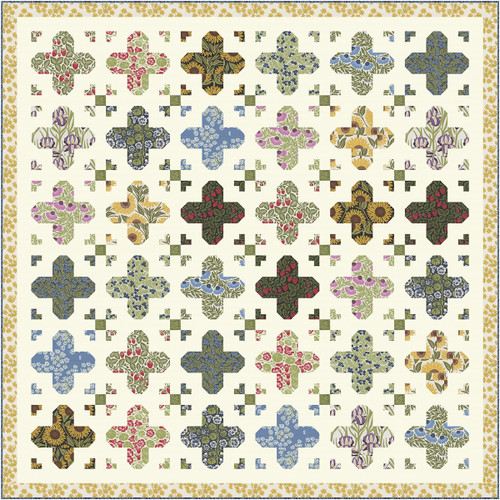 Moda Fabrics Garden Series Easy Does It Quilt Kit, colorful floral and cross pattern quilt with various flower prints and a decorative border.