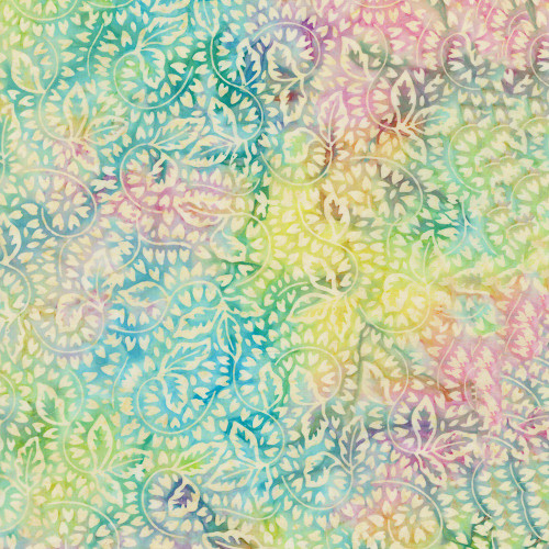 Timeless Treasures Fabrics Blossom Tonga Batiks Pastel Pink Green Yellow Curved Leaf Vine