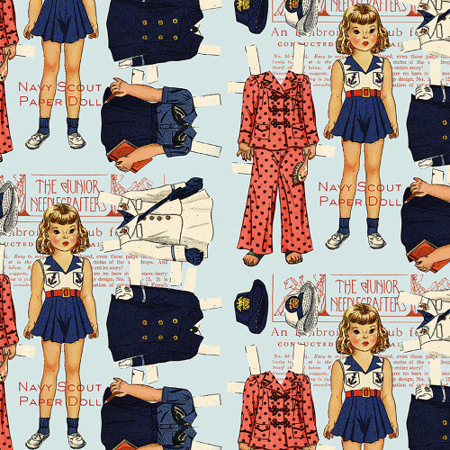 Riley Blake Fabrics Sew America J. Wecker Frisch Sew America Navy Scout Paper Doll Blue