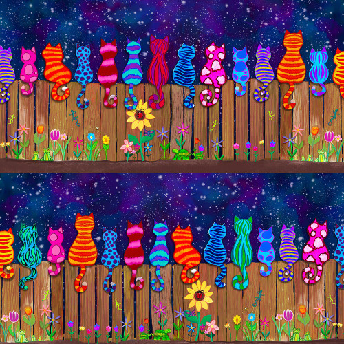 Timeless Treasures Fabrics Meow You Doing? Colorful Cats On A Fence 11 inch Repeating Stripe Multi