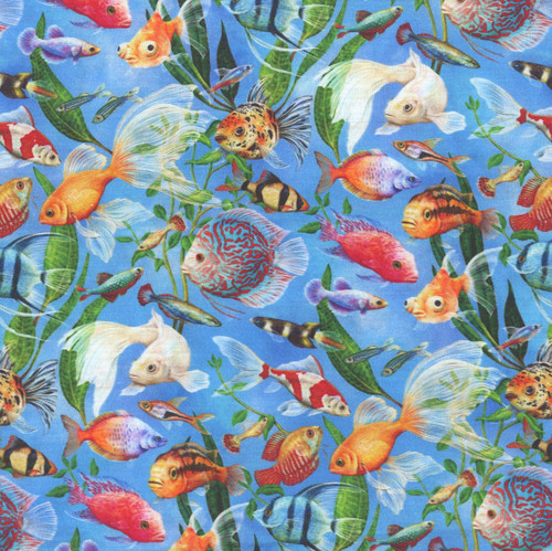 Timeless Treasures Fabrics Feline Fanatic Aquarium Fish Blue